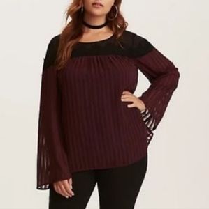 TORRID Long Sleeve Burgundy Pleated Lace Top